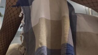 Fishnet-clad tease humping the couch like a desperate slut